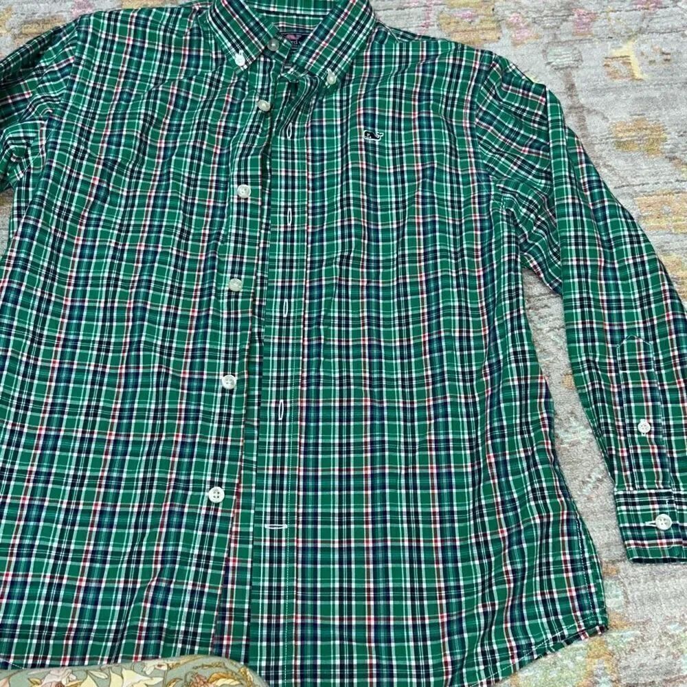Vineyard vines green plaid dress shirt boys 8/10